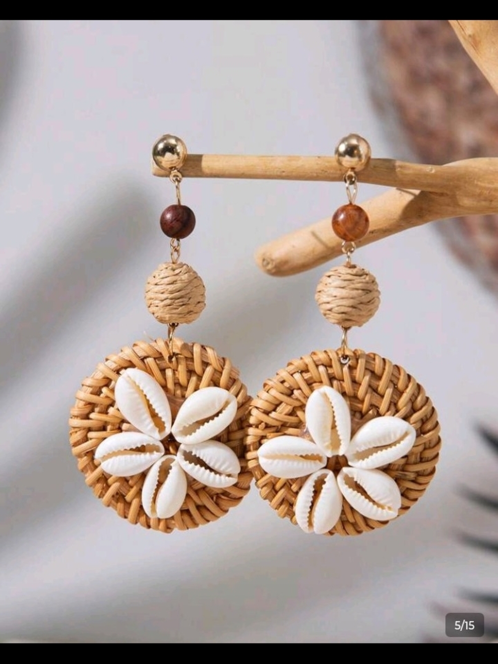 Bohemian Woven Rattan Shell Drop Earrings - Natural